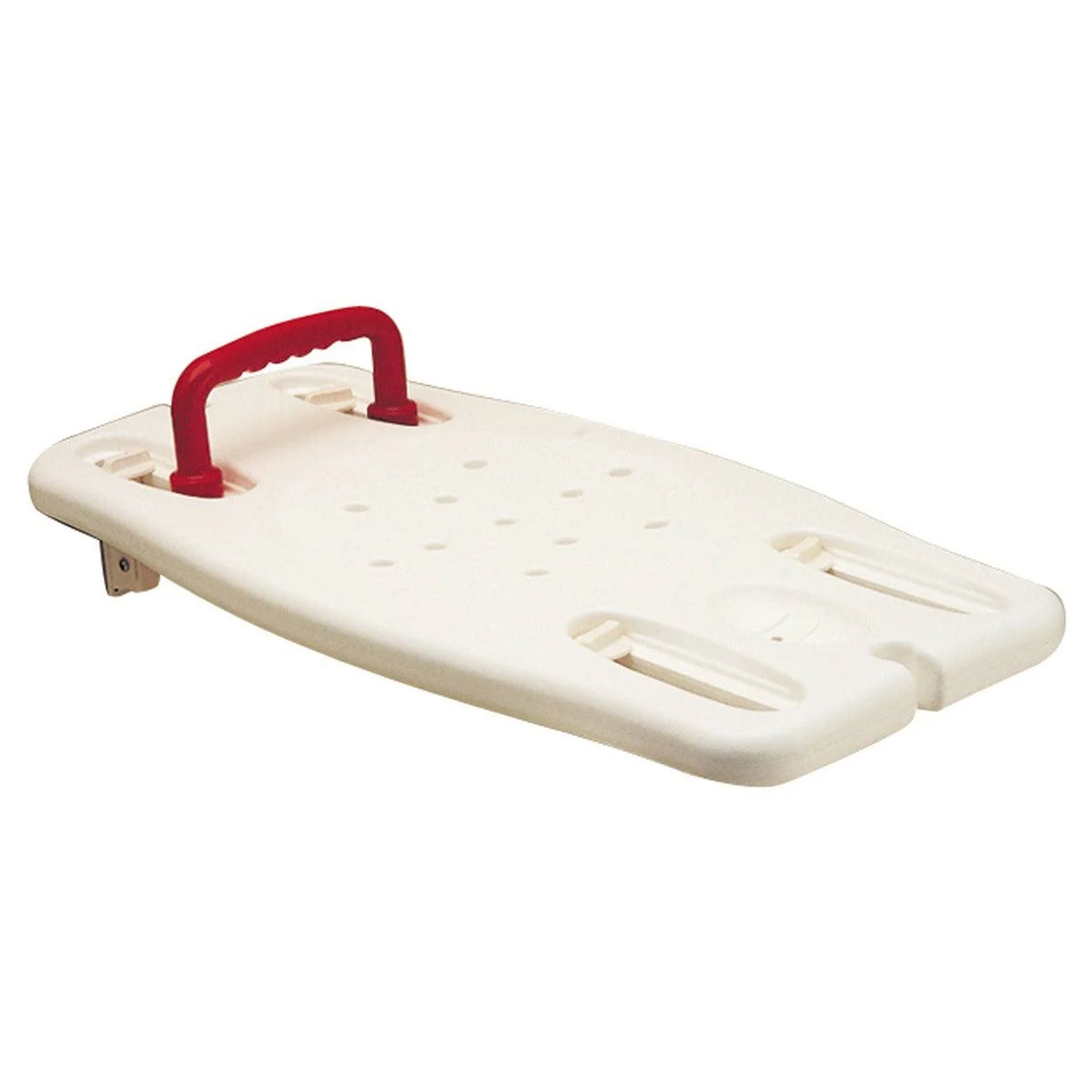 Portable shower bench with white plastic seat, drainage holes, red grip handle, and folding metal brackets