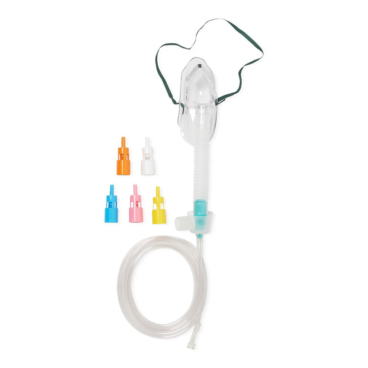 Medium concentration oxygen mask kit with clear face mask, green elastic strap, corrugated tubing, clear supply tubing, and