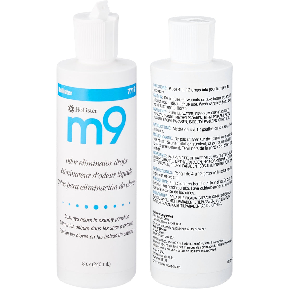 Hollister M9 odor eliminator drops in 8 oz white squeeze bottle shown front and back with multilingual labeling