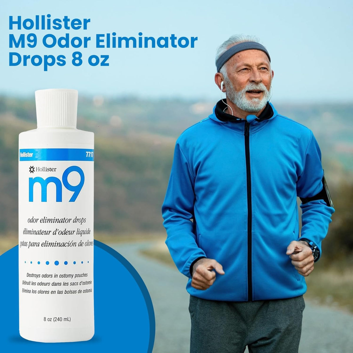 Hollister M9 Odor Eliminator Drops 8 oz bottle beside an older man jogging outdoors in a blue jacket