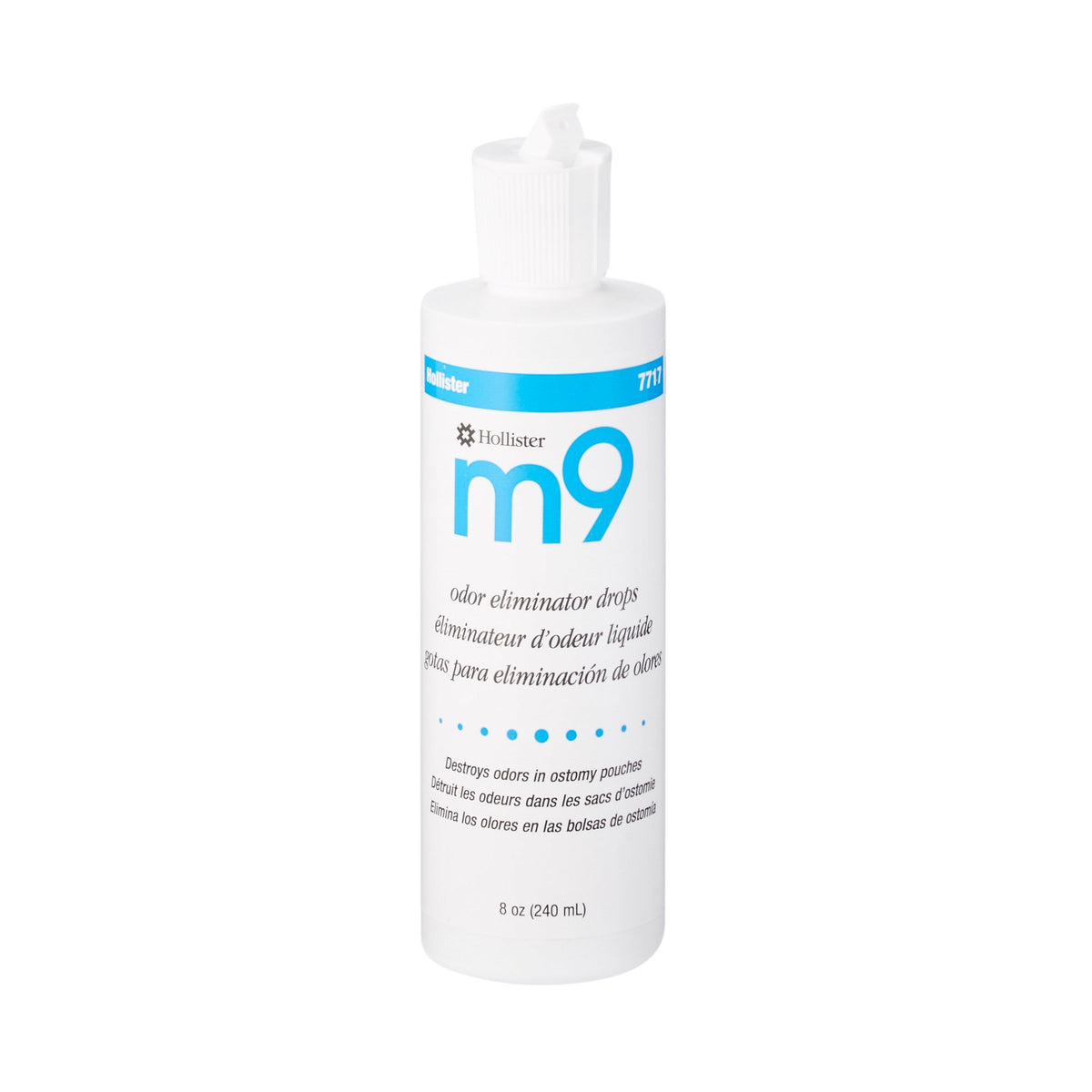 Ostomy odor eliminator drops in a white 8 oz squeeze bottle with blue label reading Hollister m9