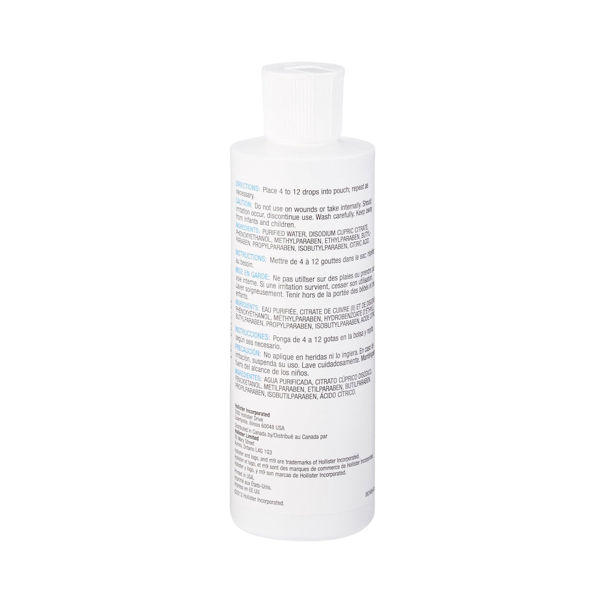 Ostomy odor eliminator drops in a white 8 oz bottle showing multilingual directions and ingredients label on reverse side