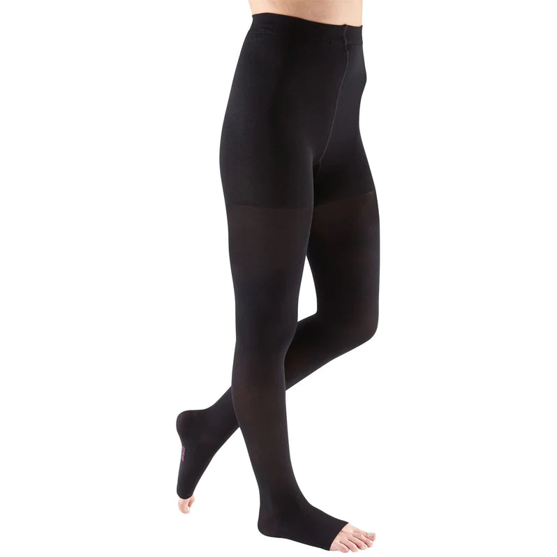 Compression pantyhose in black with open toe design and wide non-adjustable waistband, shown on a person's legs