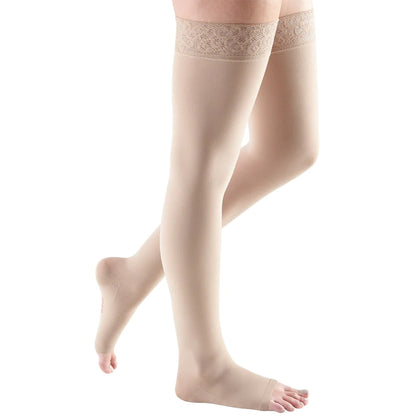 Medi Comfort 30-40mmHg Open Toe Thigh Length w/Lace Silicone Top Band - Petite