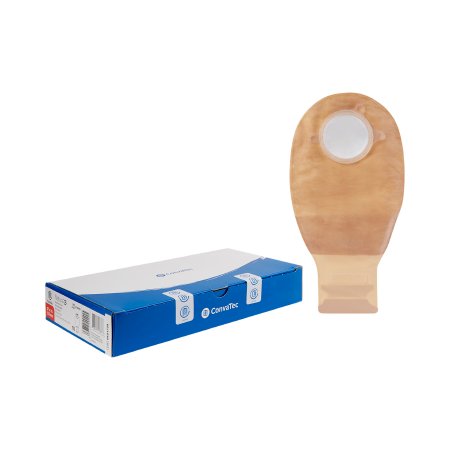Ostomy pouch two-piece drainable bag with adhesive flange shown beside its blue and white ConvaTec retail box