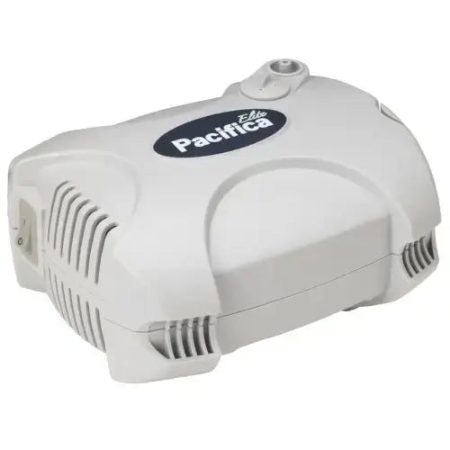 Pacifica Elite compressor nebulizer, white with vented sides and dark oval logo badge, angled view showing air outlet port