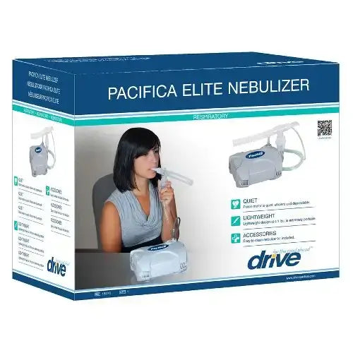 Compressor nebulizer retail box showing a woman using a mouthpiece mask with the white tabletop device and accessories