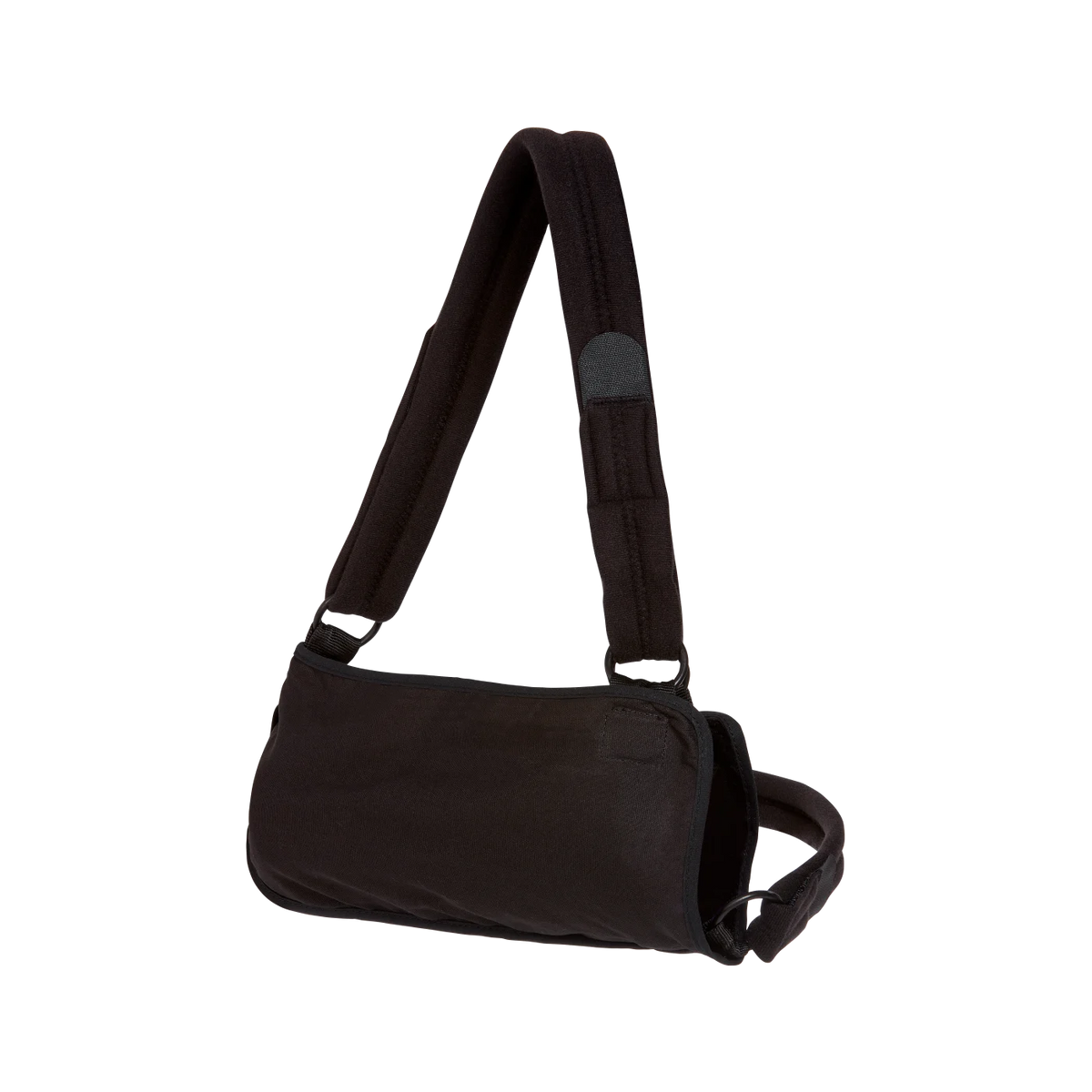 Padded shoulder immobilizer sling in black with padded shoulder strap, waist belt, and hook-and-loop closures