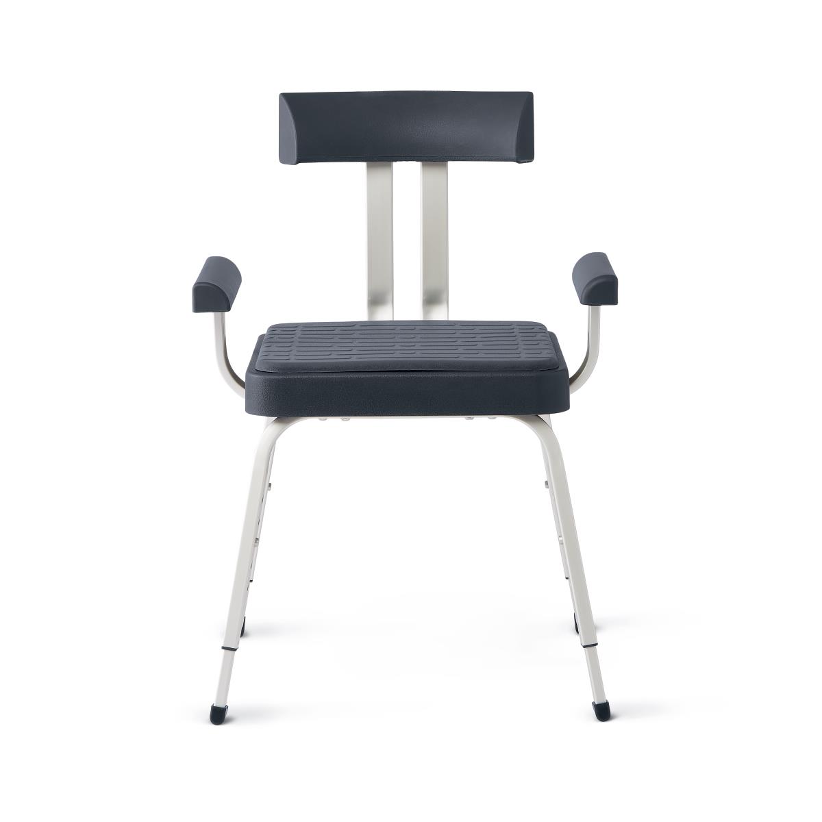 Shower chair with padded backrest, armrests, textured dark seat, and adjustable white metal legs, viewed from the front