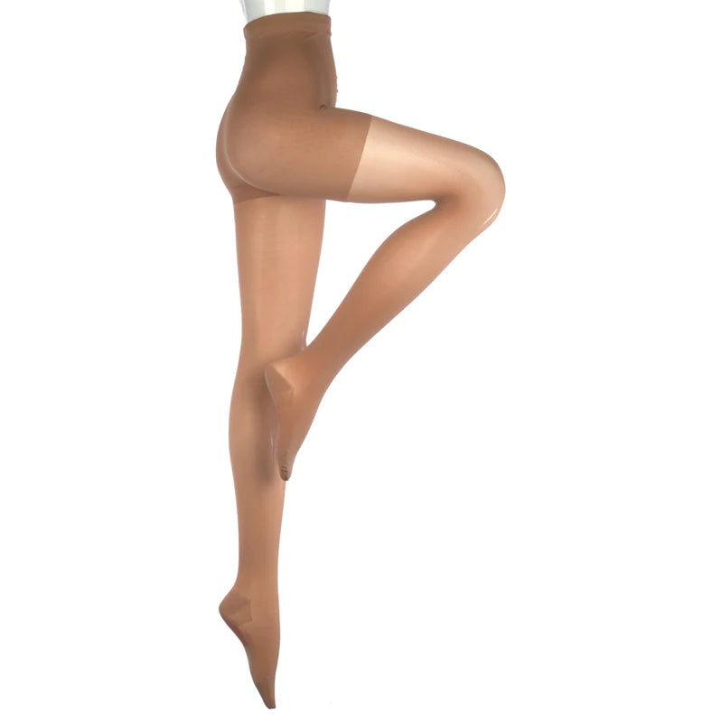 Compression pantyhose in sheer beige tone displayed on a mannequin, full length from waist to toe with reinforced waistband