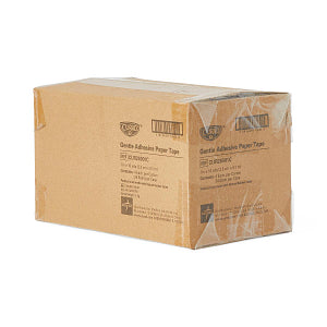 Cardboard shipping box of CURAD gentle adhesive paper tape, sealed and labeled, on white background