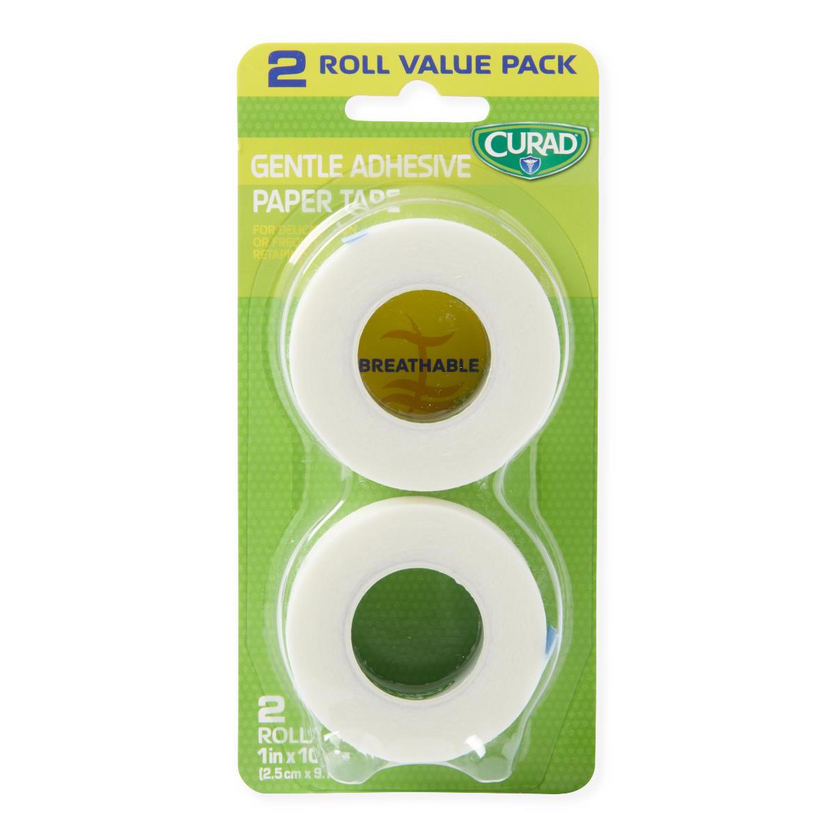 CURAD gentle adhesive paper tape 2-roll value pack in green retail packaging, white rolls visible through clear blister