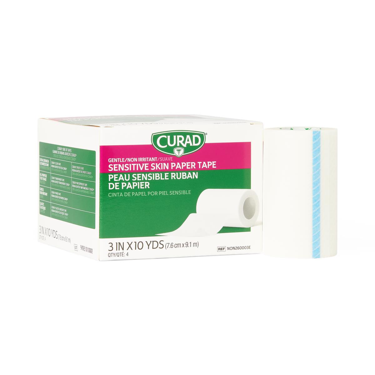 CURAD sensitive skin paper tape box with one roll displayed beside it, white with green and pink label, 3 in x 10 yds, qty 4