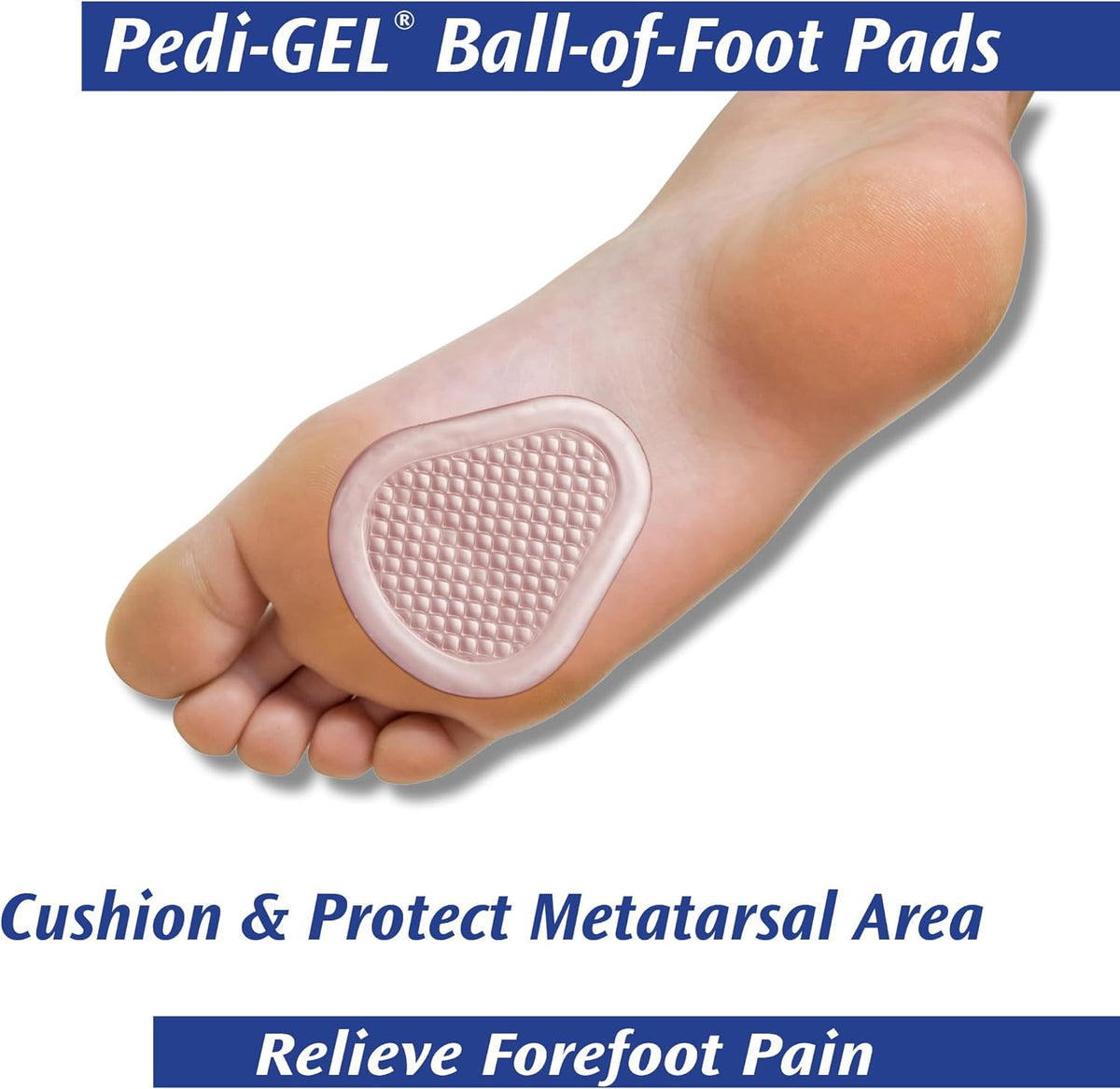 Ball-of-foot gel pad shown applied to the sole of a bare foot at the metatarsal area, with a textured surface pattern