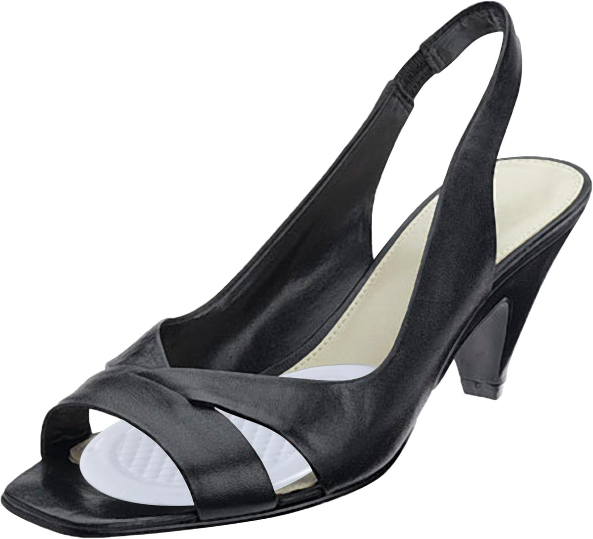 Slingback heel sandal with white ball-of-foot gel pad visibly cushioning the forefoot area inside black open-toe shoe