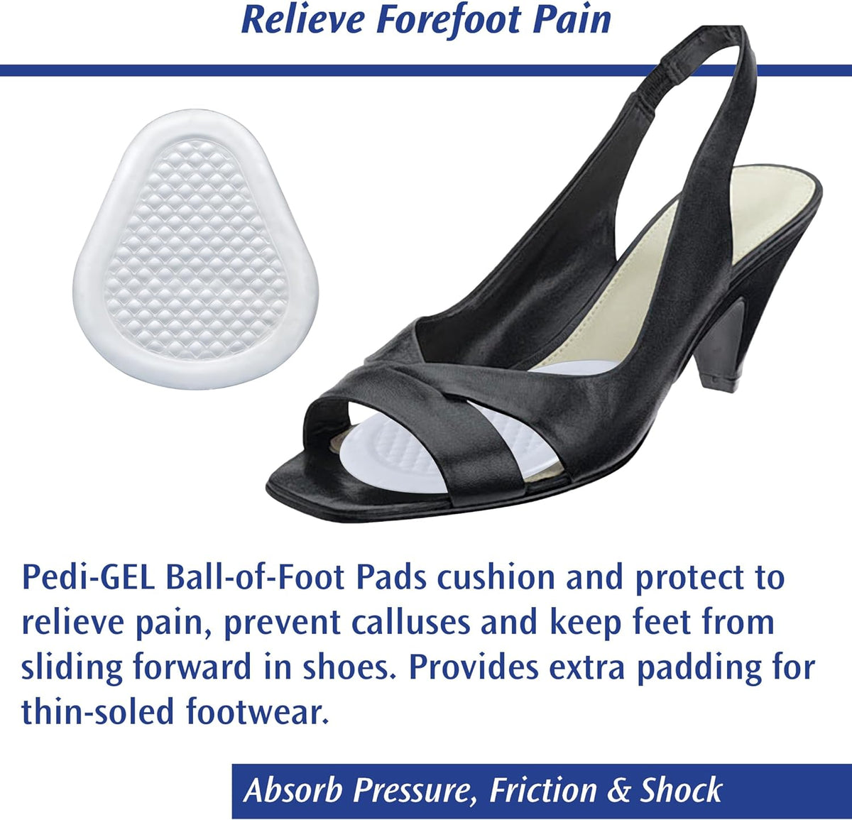 Gel ball-of-foot cushion pad beside a black open-toe slingback heel showing pad placement in the forefoot area