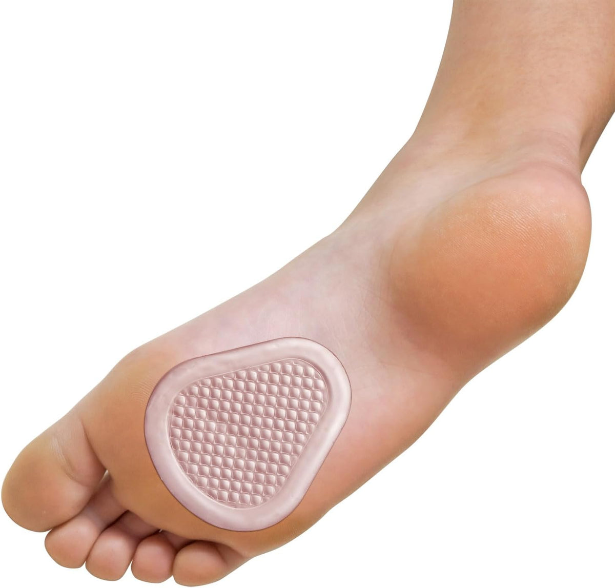 Gel ball-of-foot pad shown applied to the ball of a bare foot, clear pink with textured honeycomb center