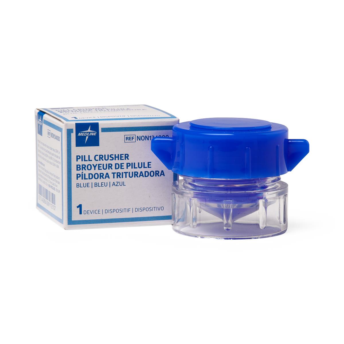 Pill crusher with blue twist top and clear base shown beside its white retail box on white background