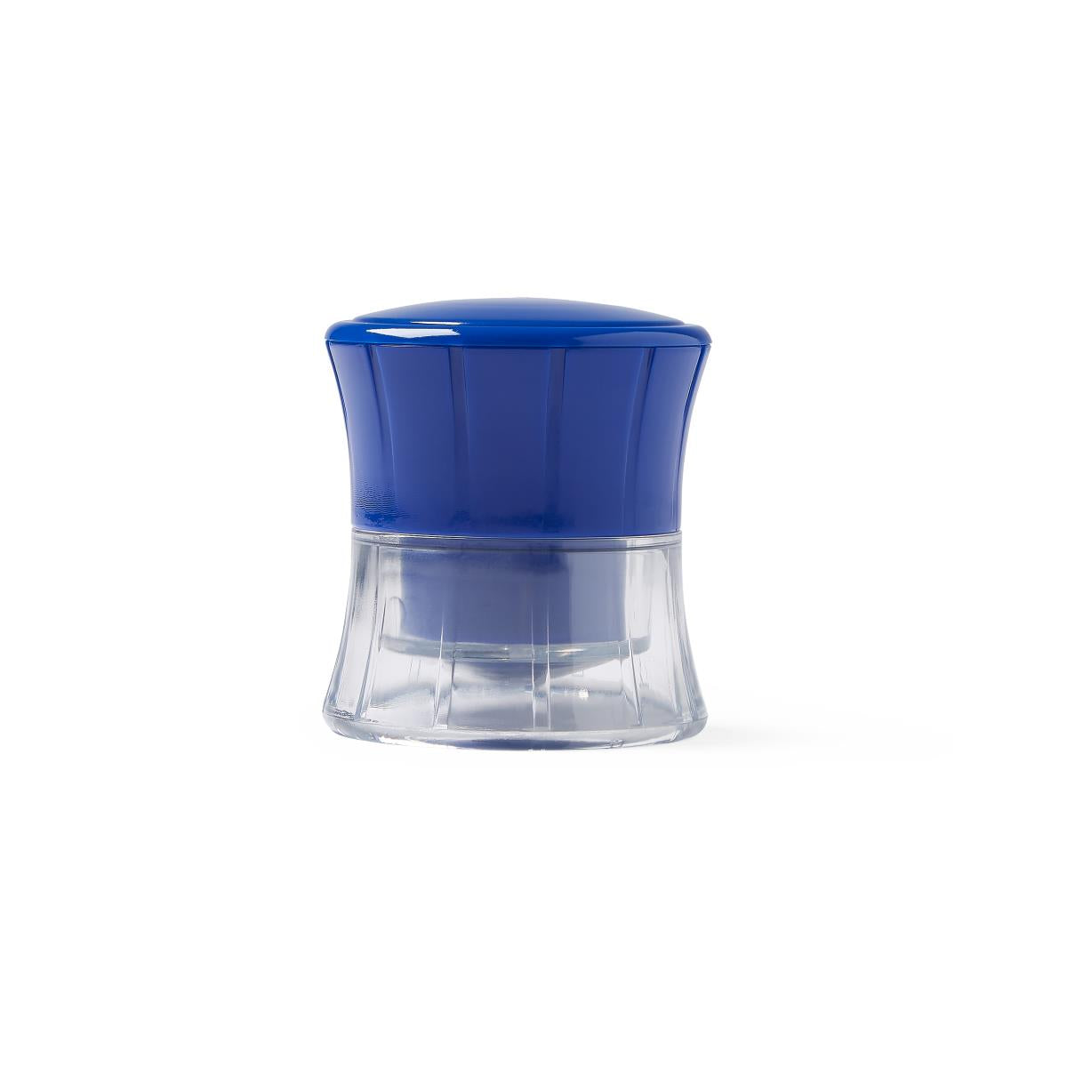 Pill crusher with blue dome-shaped top and clear hourglass-shaped base on white background