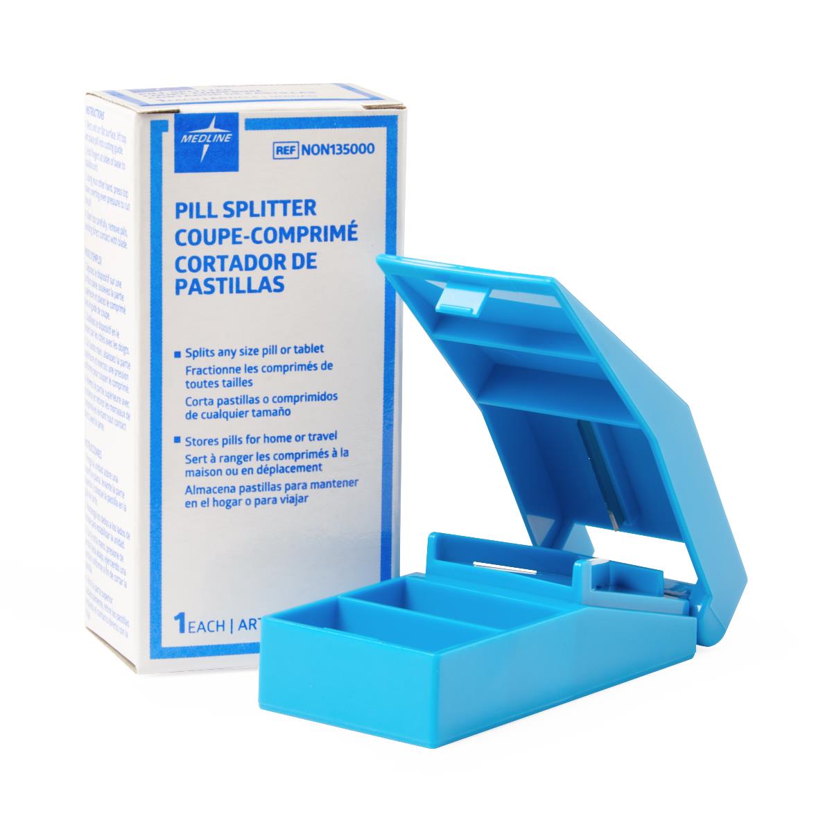 Pill splitter in blue plastic clamshell design with built-in blade and storage tray, shown open beside its white and blue