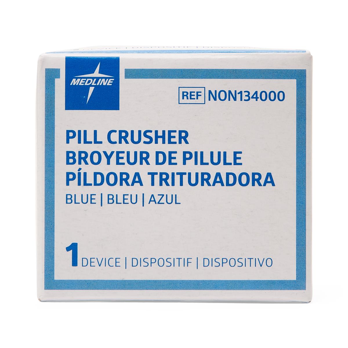 Pill crusher in white and blue retail box labeled in English, French, and Spanish, containing 1 device