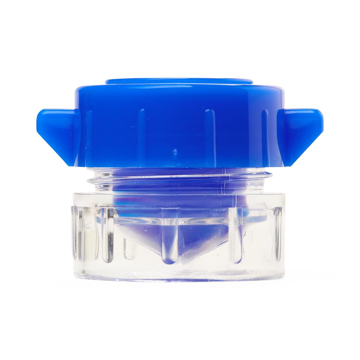 Pill crusher with blue ribbed top cap and clear plastic base with internal crushing fins