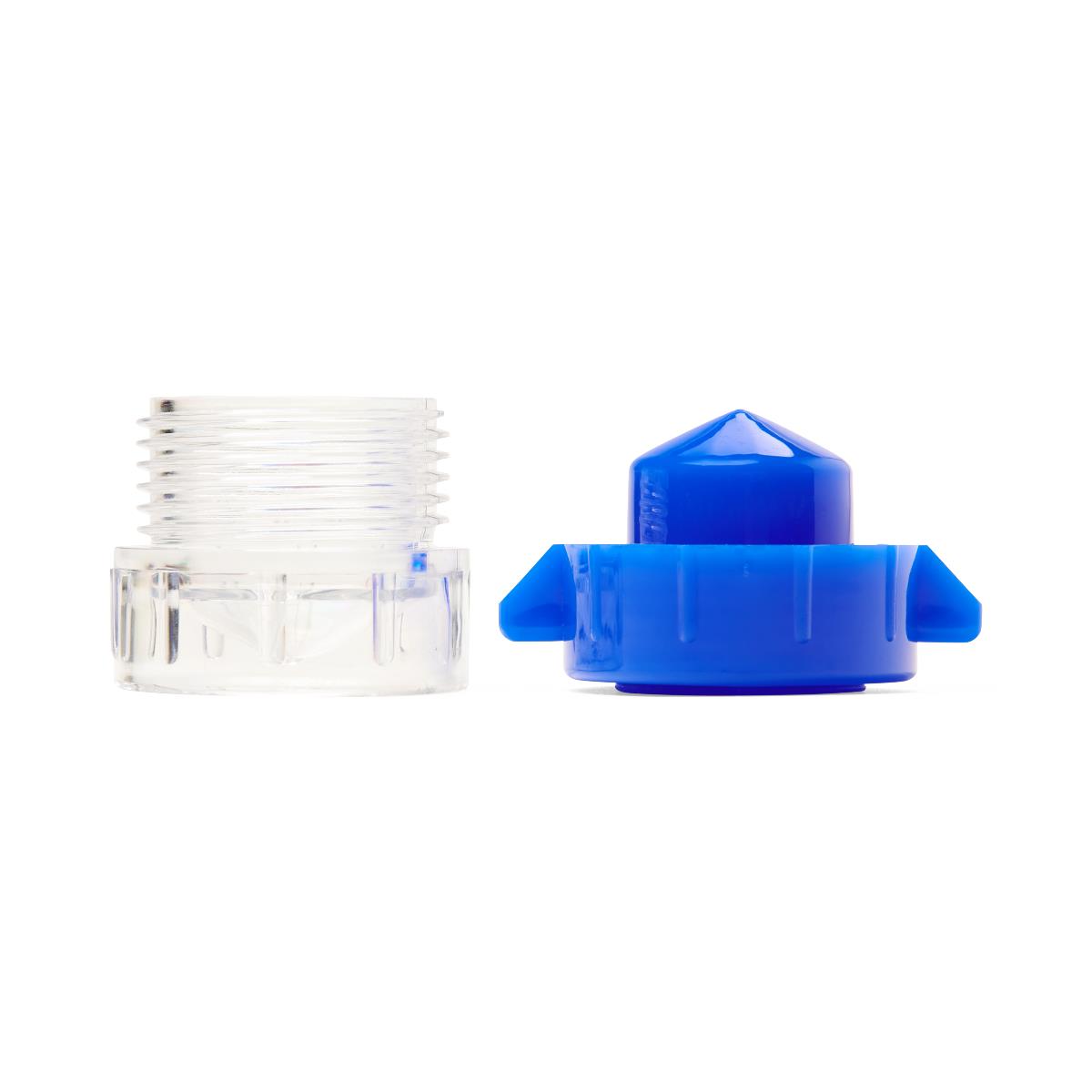 Pill crusher with clear threaded base and blue pointed cap shown separated on white background