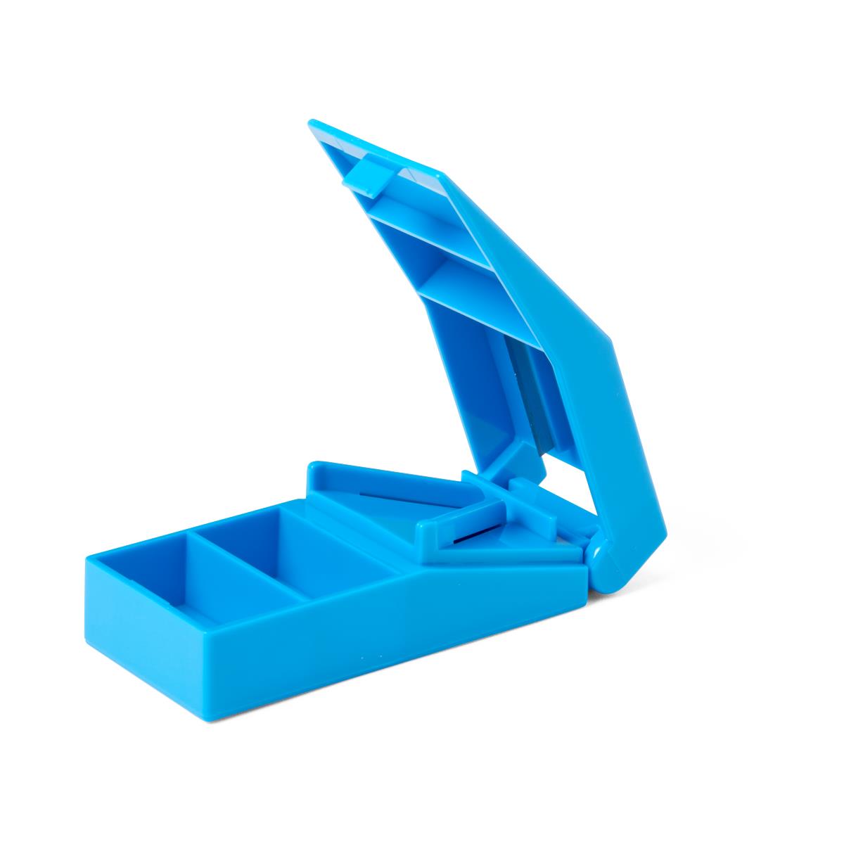 Pill splitter in blue plastic with open hinged lid, cutting blade, and compartment tray for storing pill halves