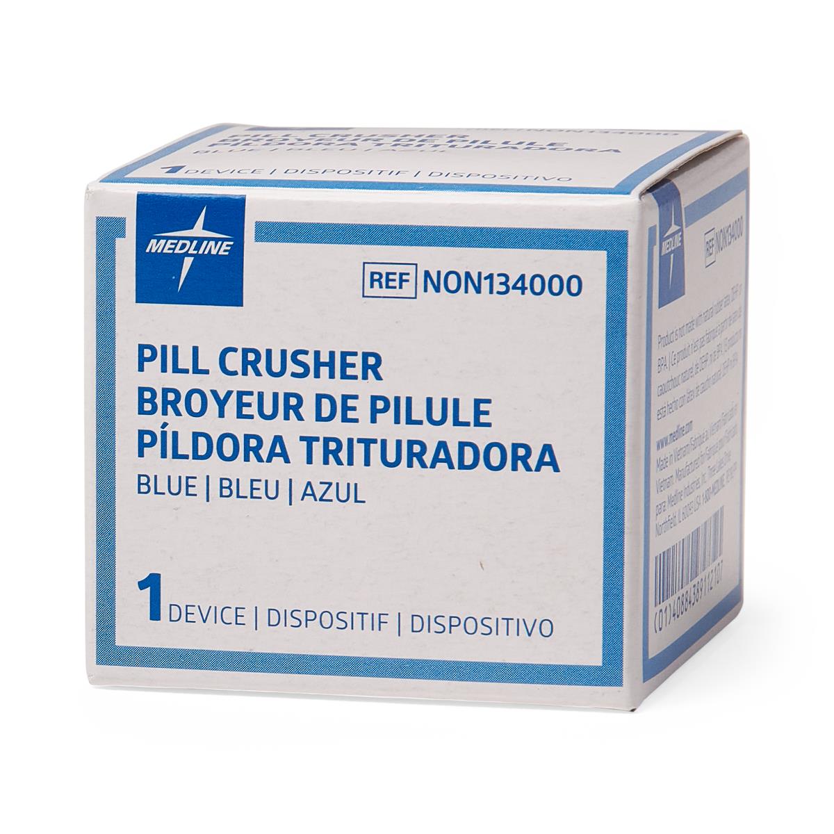 Pill crusher in white and blue retail box with multilingual labeling, single device packaging