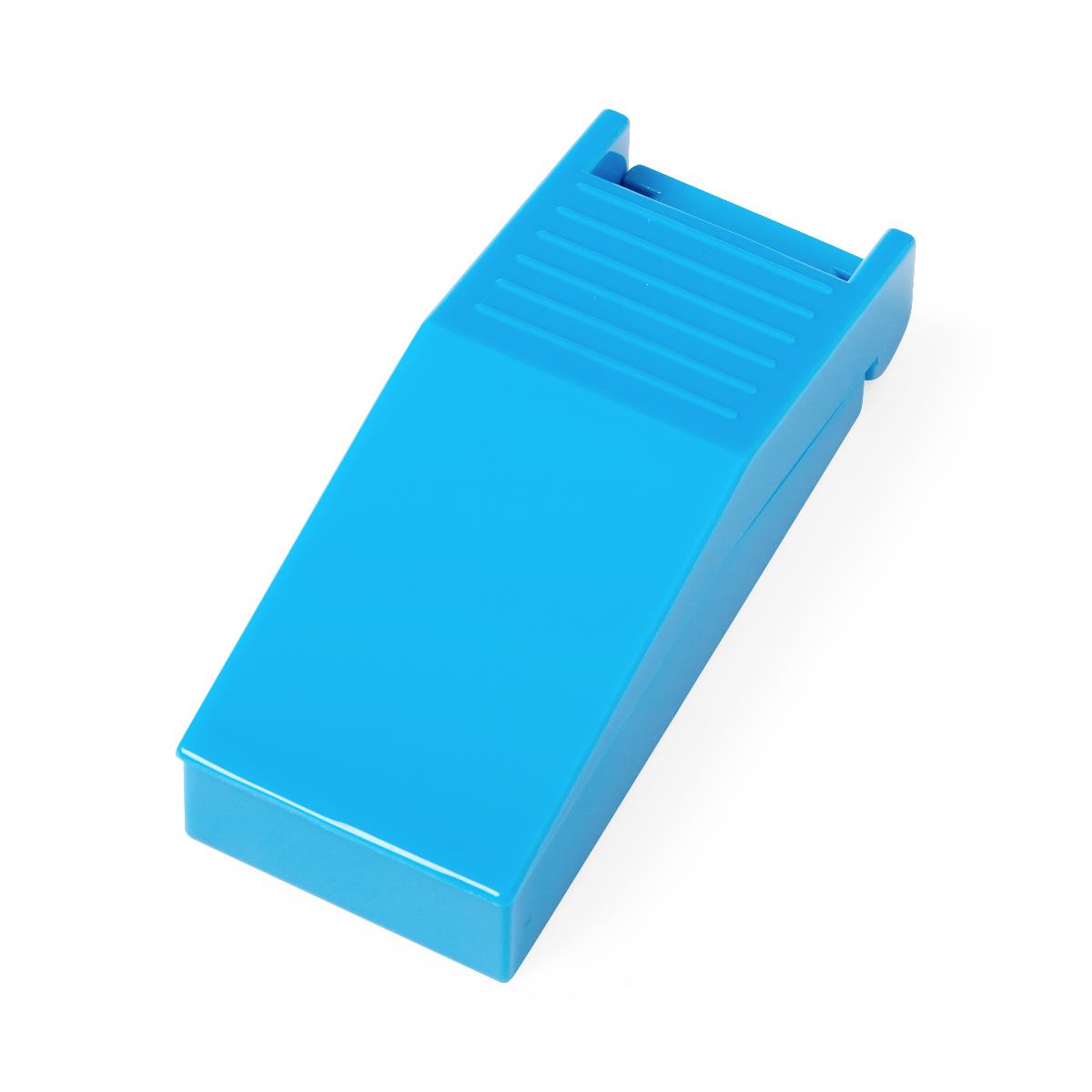 Pill splitter with blue plastic clamshell design, ribbed grip area, and hinged cutting mechanism