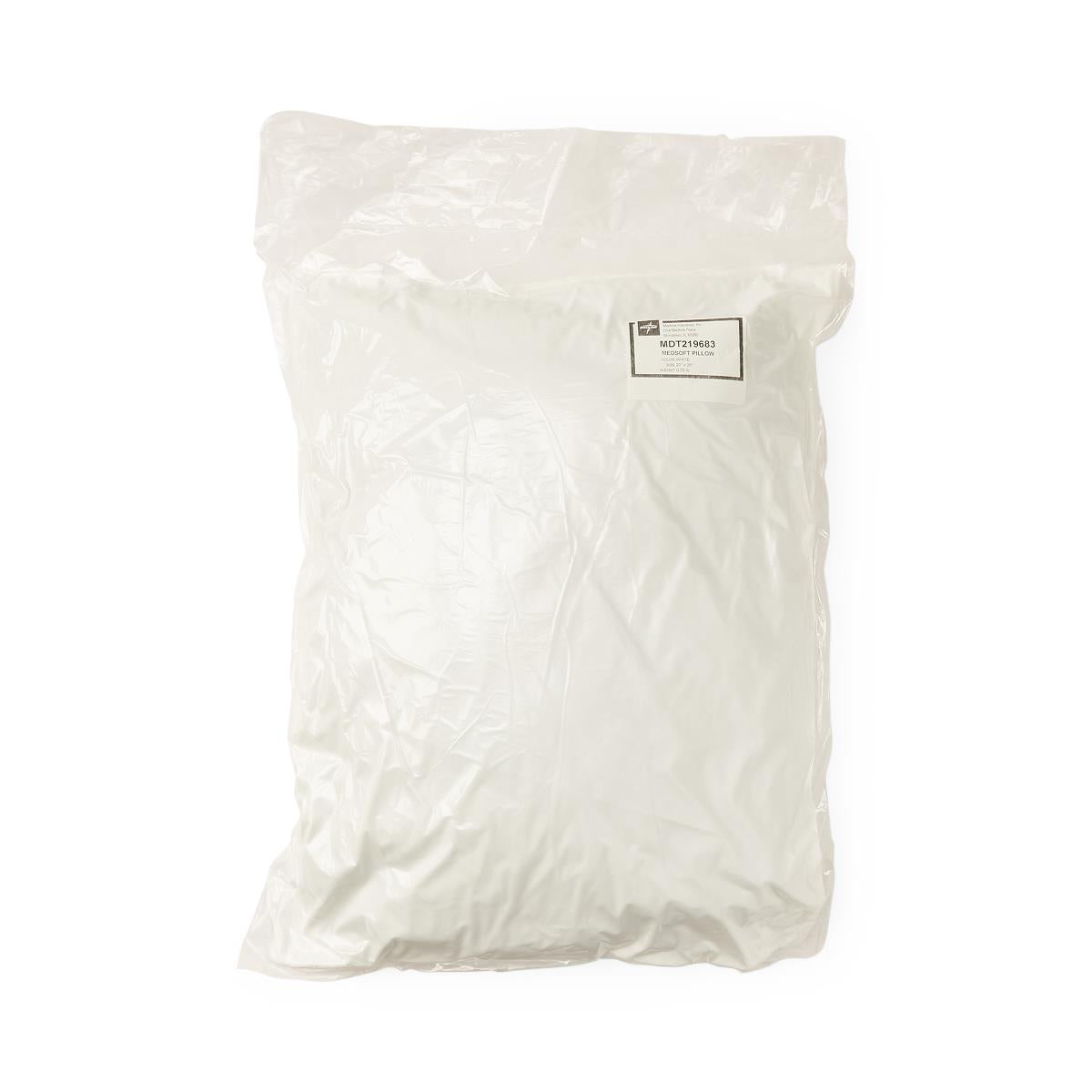 White bed pillow sealed in clear plastic packaging with a product label on a white background