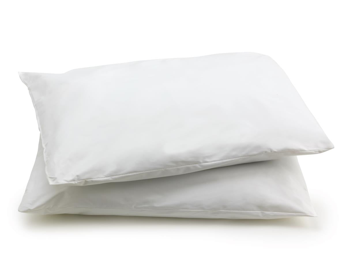 Pillow protectors in white with zippered closure, shown as a stacked pair on white background