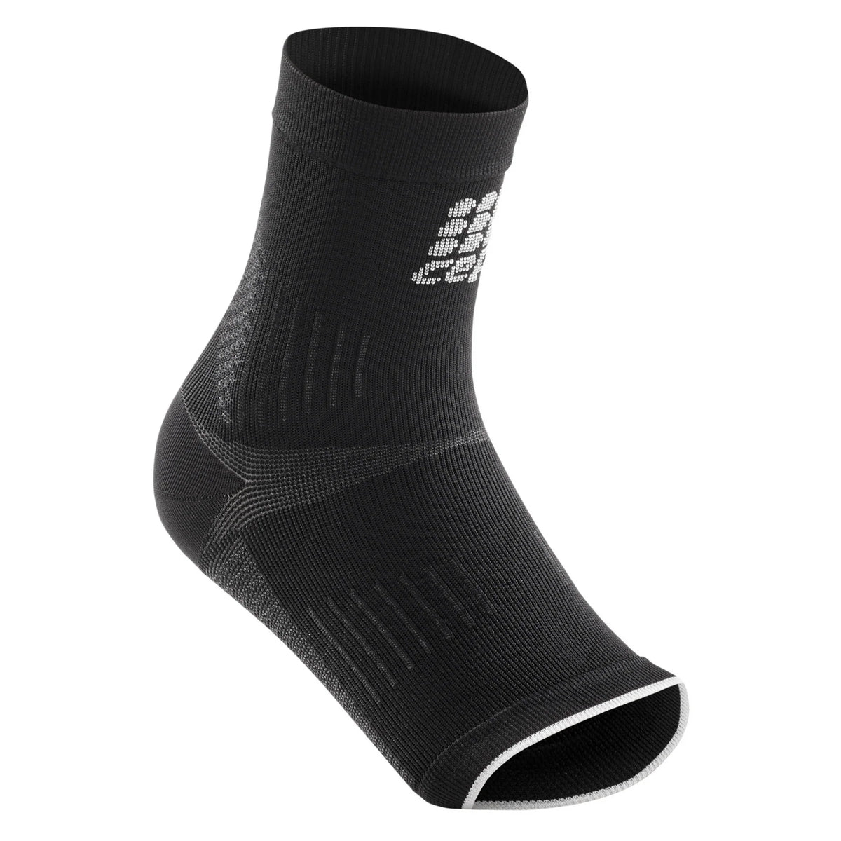 Ankle compression sleeve in black knit fabric with open toe and heel design, featuring gray accent lines and a logo