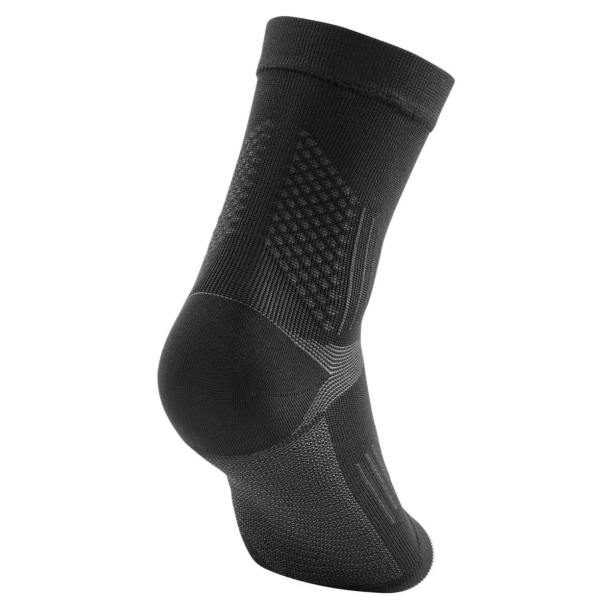 Compression ankle sleeve in black with textured knit panel at back of ankle and reinforced heel cup, rear view