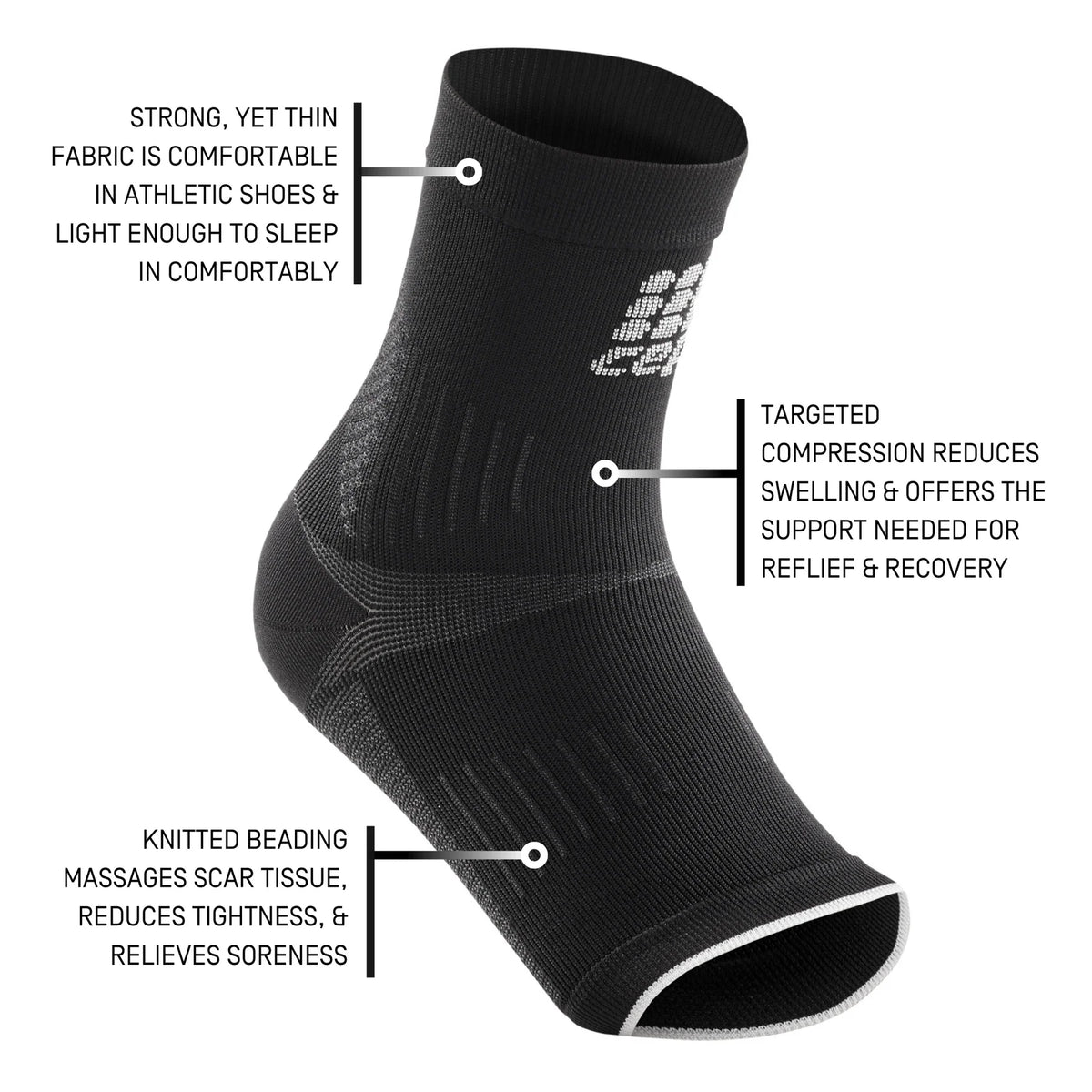 Compression ankle sleeve in black with callout labels highlighting fabric, compression zone, and knitted beading features