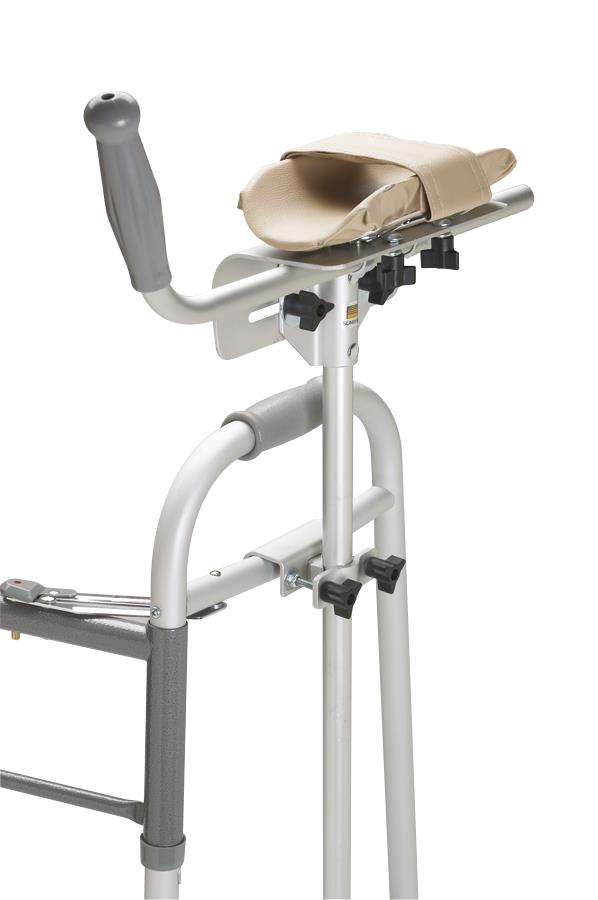 Walker platform attachment with padded forearm rest and adjustable grip, mounted on a standard walker frame