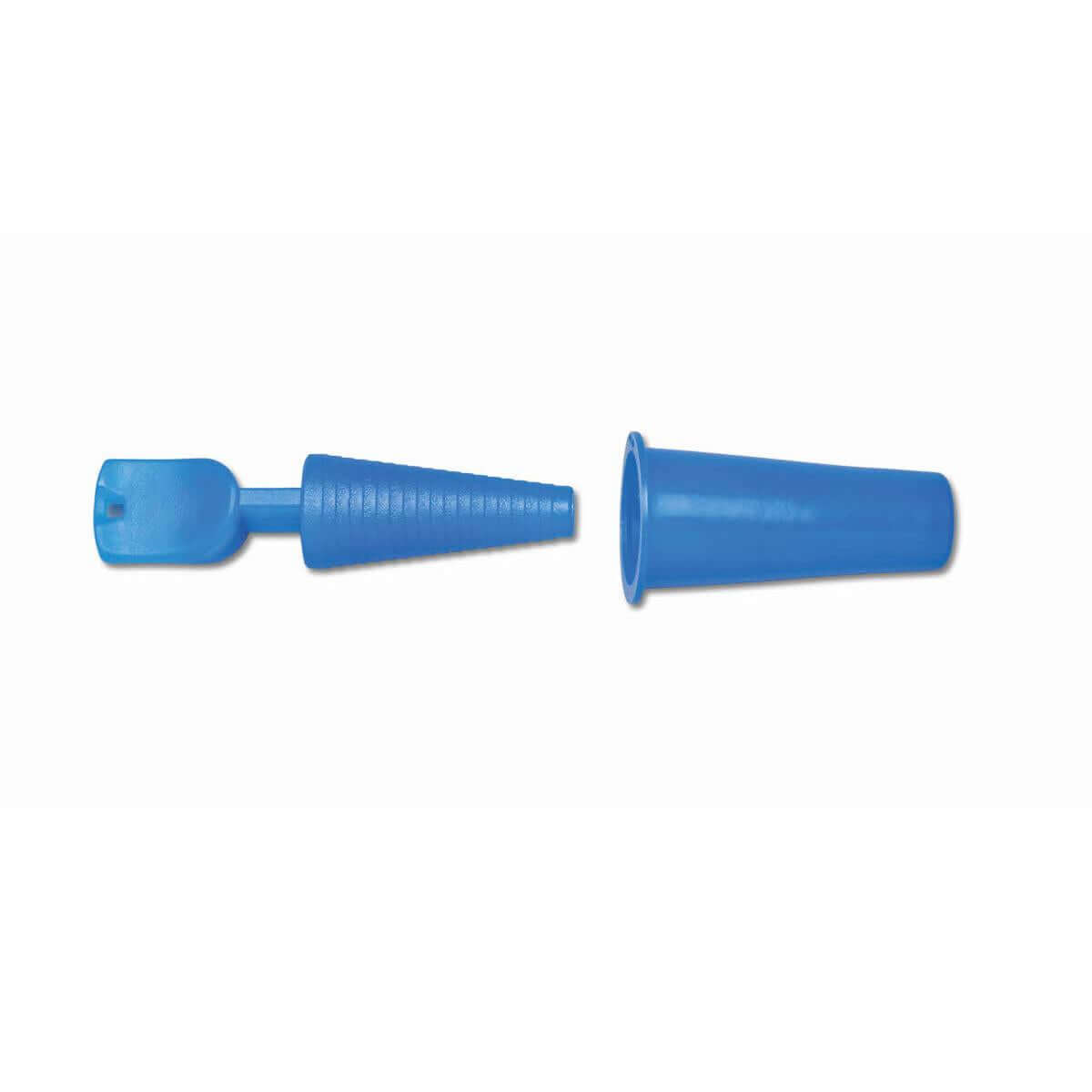 Catheter plug with ridged grip handle and matching blue cone-shaped drainage tube protector, shown separated