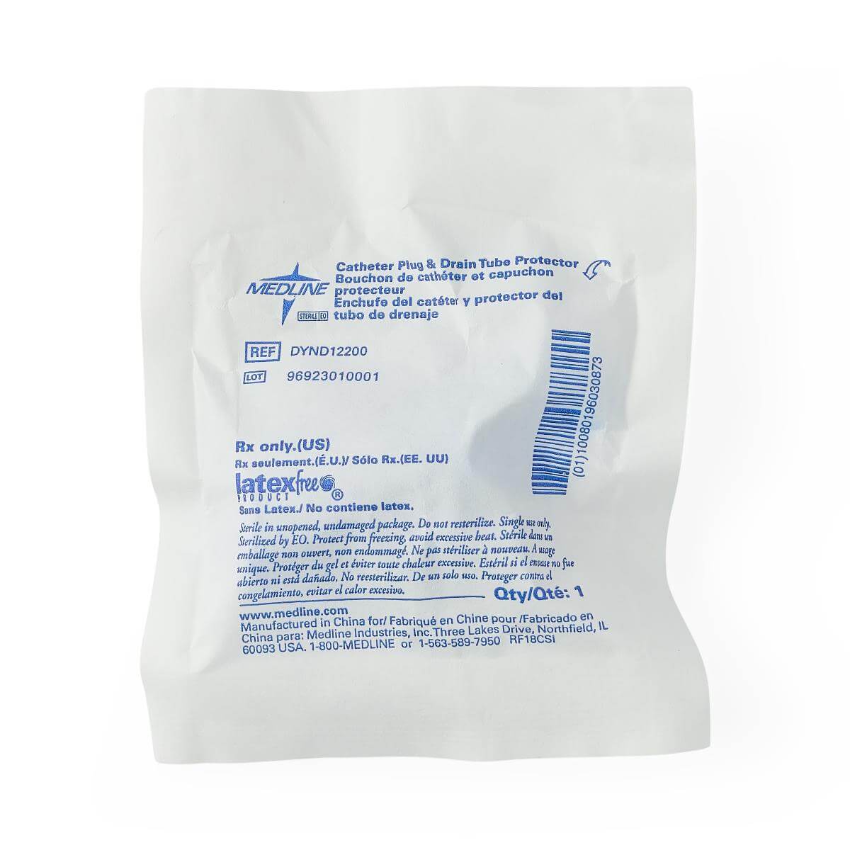Catheter plug and drain tube protector in sealed sterile white packaging with blue printed label and barcode