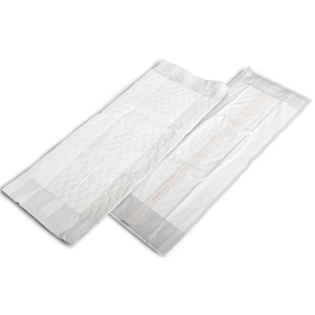 Postpartum pads shown as a pair, white with quilted texture and center absorbent strip, on white background