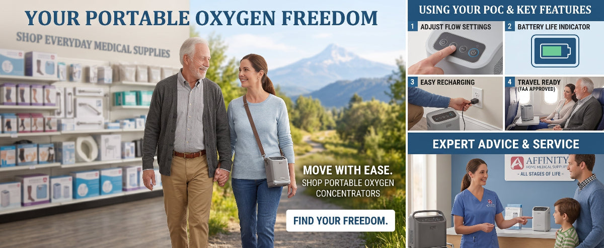 A promotional banner for portable oxygen concentrators featuring an elderly couple walking outdoors with a mountain backdrop, alongside inset diagrams and photos explaining features such as flow settings, battery life, and travel readiness. Text includes 'YOUR PORTABLE OXYGEN FREEDOM' and 'SHOP EVERYDAY MEDICAL SUPPLIES.
