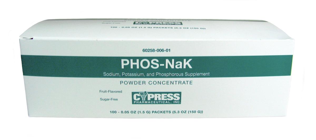 Phos-Nak powder concentrate supplement box of 100 individual packets by Cypress Pharmaceutical, fruit-flavored and sugar-free