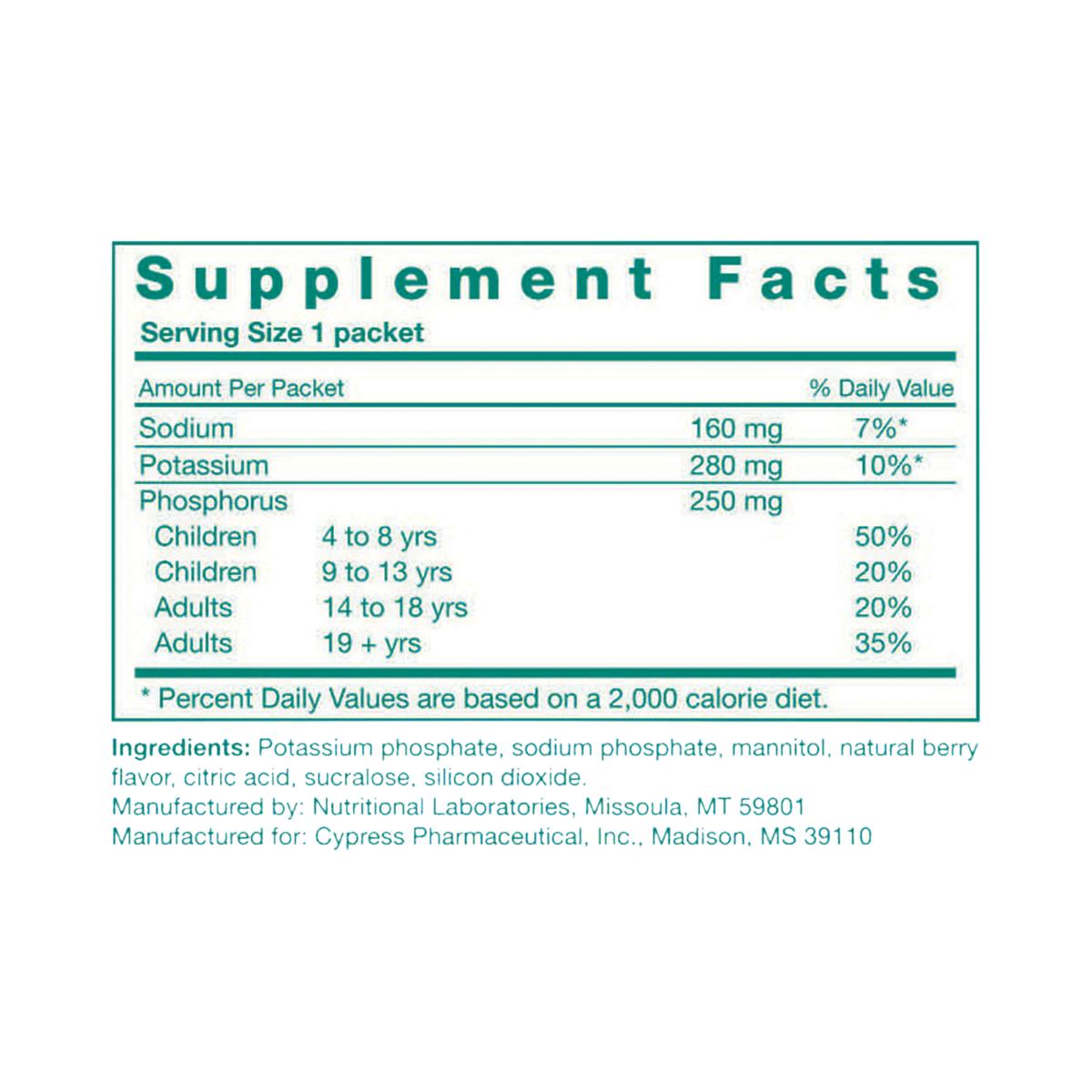 Supplement facts label for Phos-Nak Powder showing sodium, potassium, and phosphorus content with percent daily values per