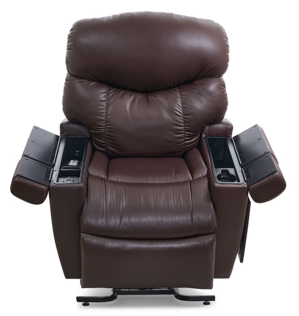 Power lift chair in dark brown leather upholstery with open armrest storage compartments, shown from front view on white