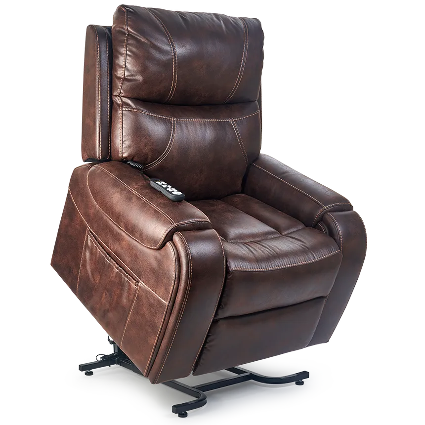 Power lift recliner in brown faux leather with contrast stitching, remote control on armrest, and metal base frame visible
