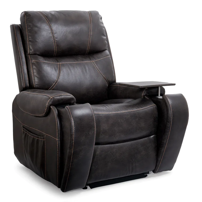 Power lift chair in dark brown faux leather with contrast stitching, side pocket, and adjustable swivel tray table
