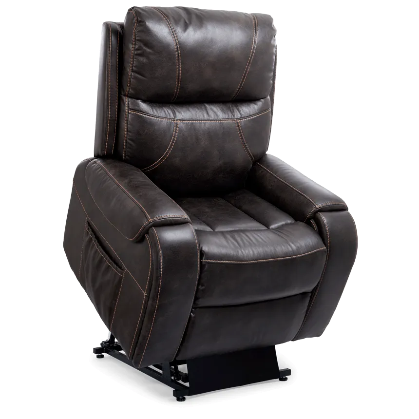 Power lift recliner chair in dark brown faux leather with contrast stitching, side pocket, and visible lifting base mechanism