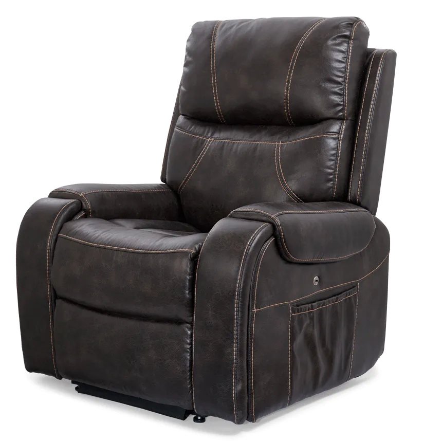 Power lift recliner chair in dark brown faux leather with contrast stitching and side storage pocket, shown upright
