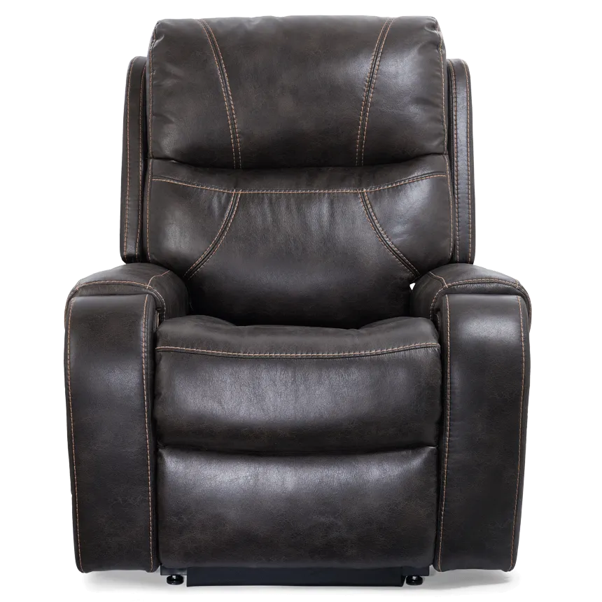 Lift chair recliner in dark brown faux leather with contrast stitching, shown from front in upright seated position
