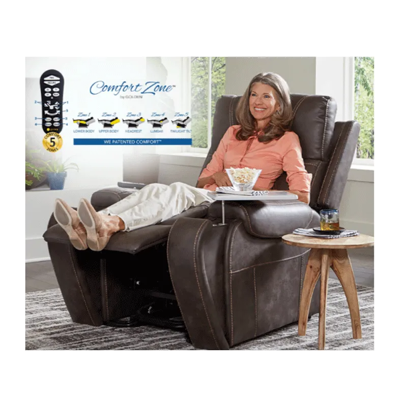 Power lift recliner chair in dark brown upholstery with woman seated and feet elevated, shown with remote control and zone