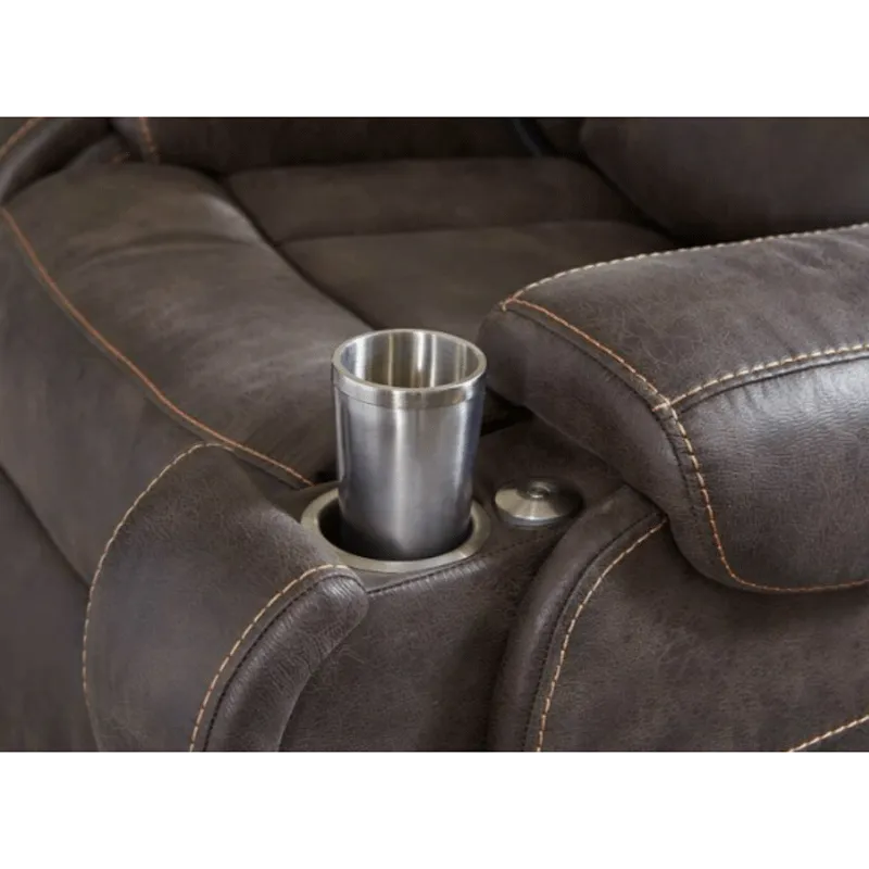 Lift chair armrest cupholder with stainless steel tumbler, dark brown faux leather upholstery with contrast stitching